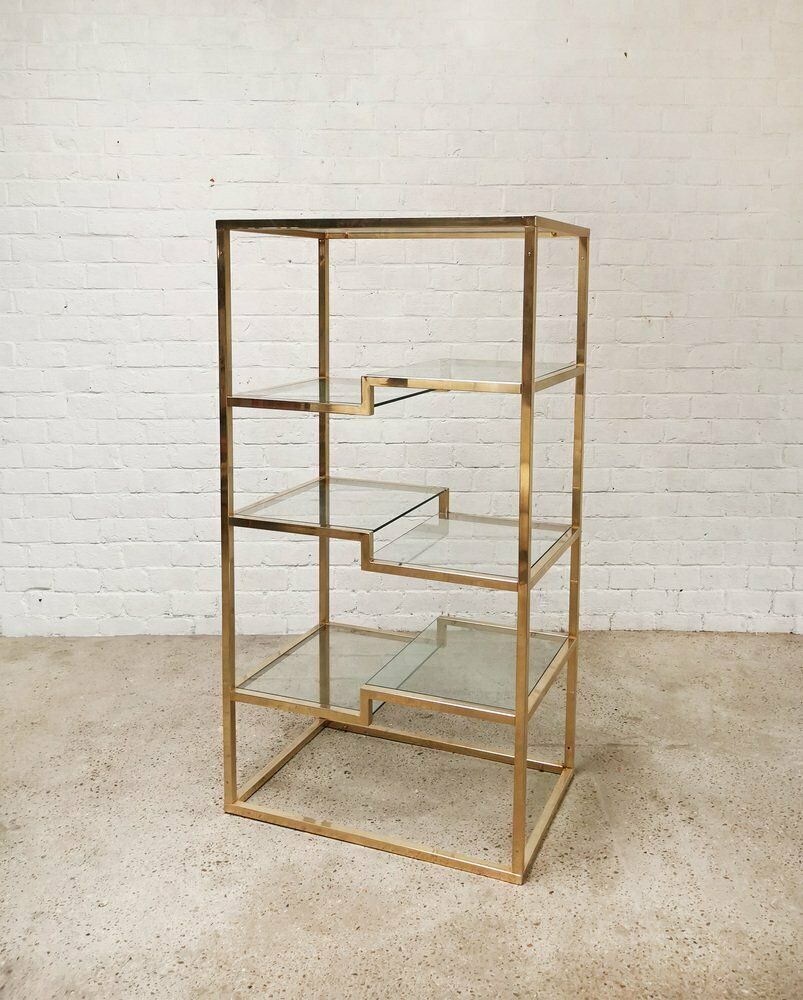 Vintage Geometric Gold Plated Shelving Unit Attributed To Belgo Chrom, 1970s photo Furniture