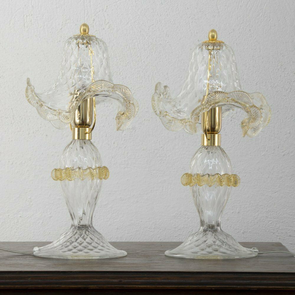 Murano Transparent Murano Glass Table Lamps With Golden Art Decorations, Italy, Set Of 2 photo for sale
