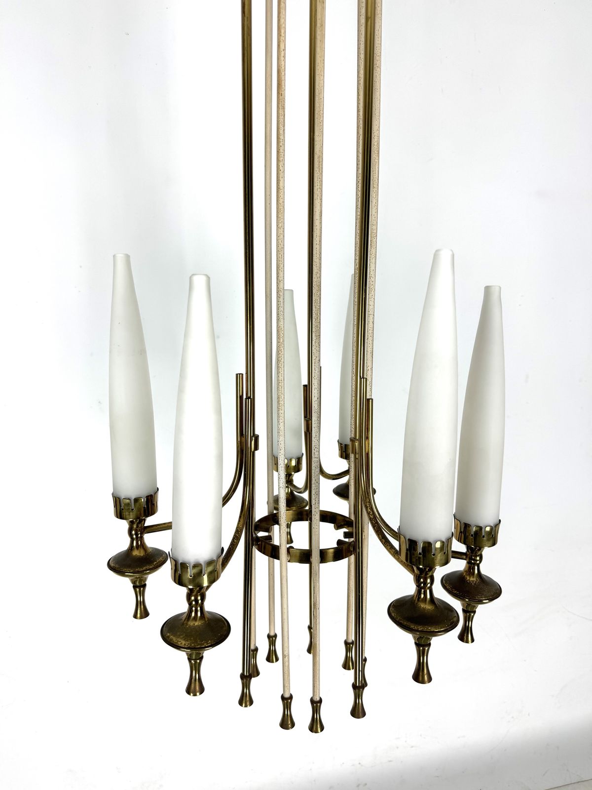 Mid Century Arredoluce Monza Brass And Six Opaline Glasses Chandelier. Italy 1950s photo vintage
