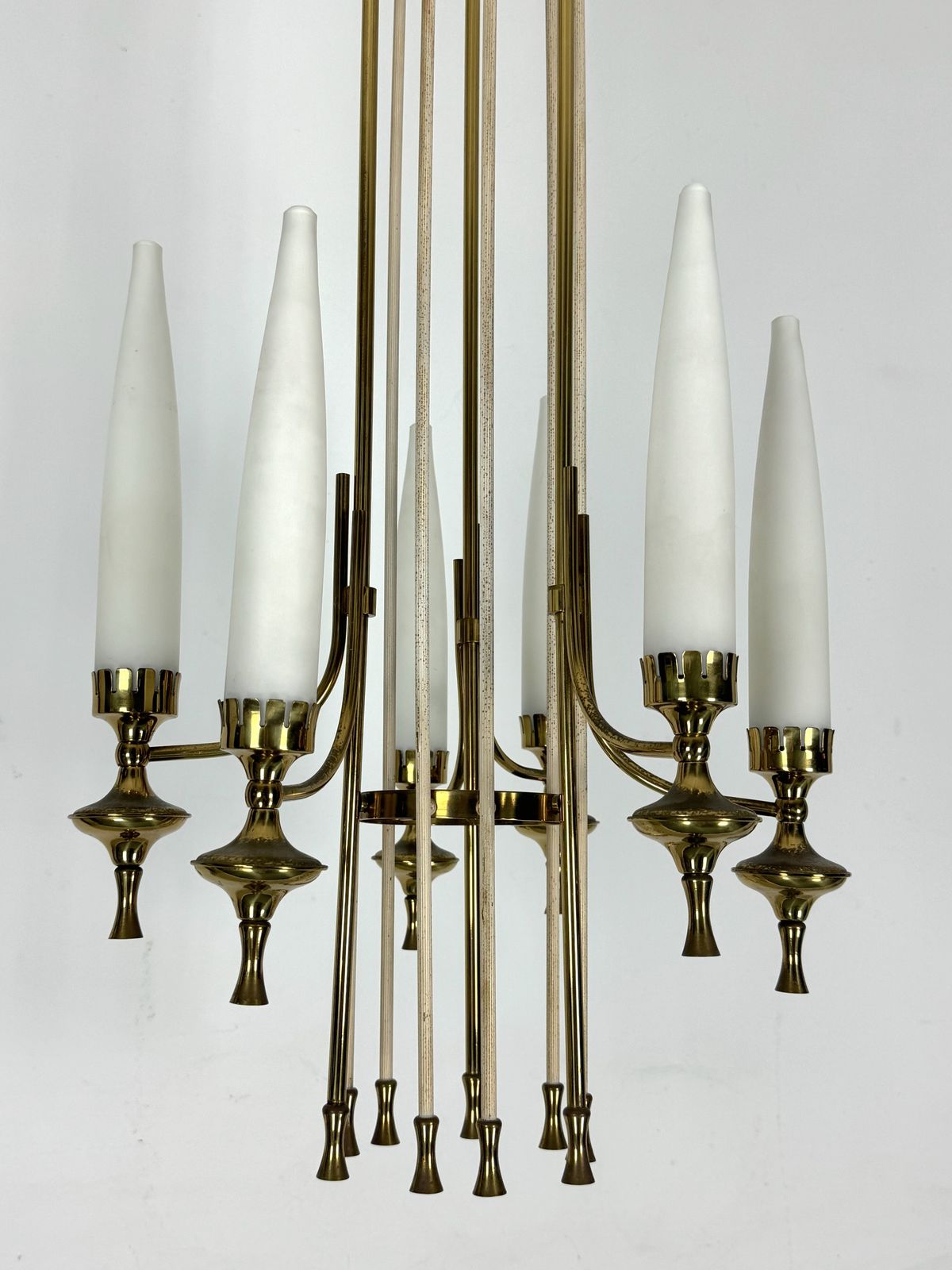 Lighting Mid Century Arredoluce Monza Brass And Six Opaline Glasses Chandelier. Italy 1950s photo