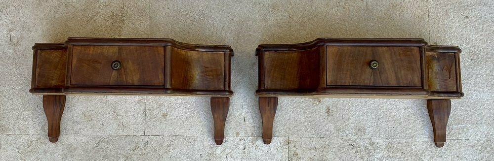 French Wall Bedside Tables In Walnut, 1920s, Set Of 2