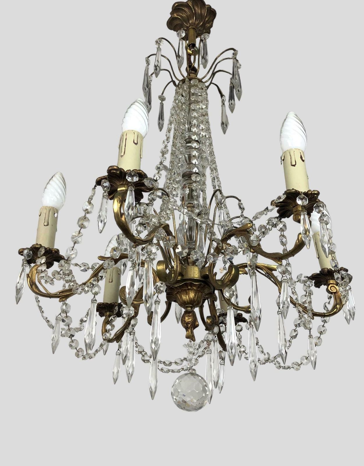 Large Gilt Bronze 6 Arm Chandelier Crystal Droplets & Swags photo for sale