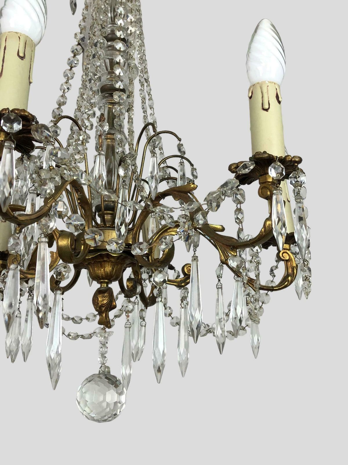 Large Gilt Bronze 6 Arm Chandelier Crystal Droplets & Swags photo vinterior