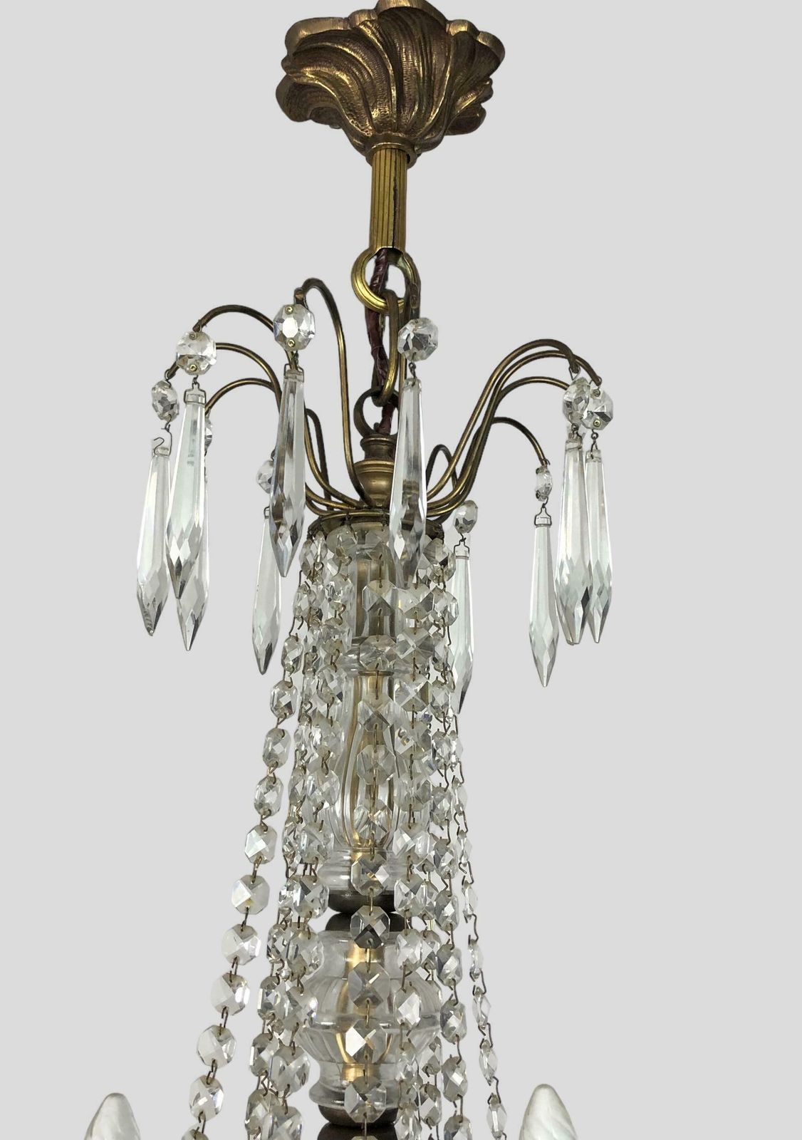 Large Gilt Bronze 6 Arm Chandelier Crystal Droplets & Swags photo vintage