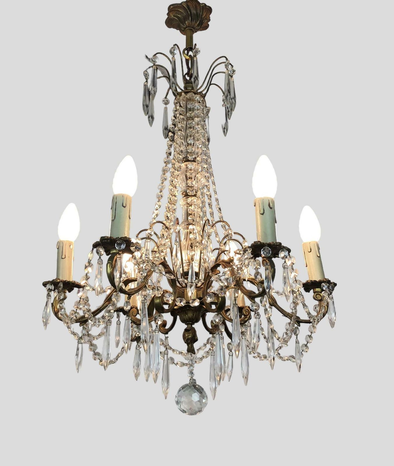 585.0 Large Gilt Bronze 6 Arm Chandelier Crystal Droplets & Swags photo
