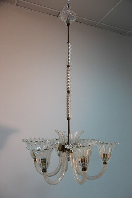 Barovier Brass And Glass Large Chandelier Italian Design 1950 photo for sale