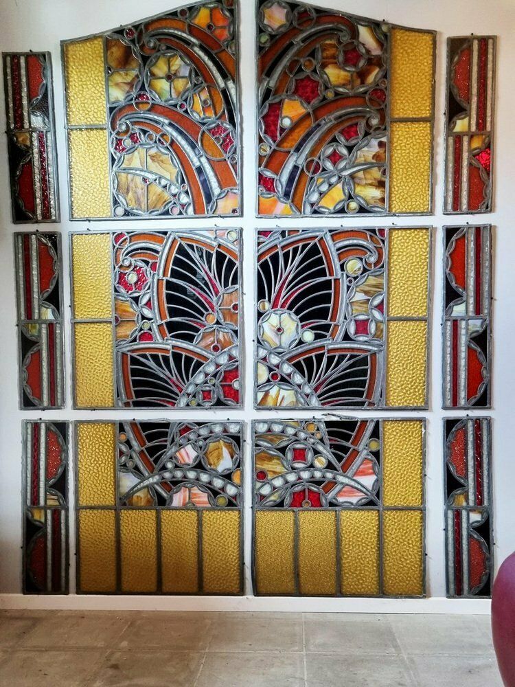 Large Art Deco Architectural Stained Glass Window Panels, 1920s, Set Of 12 photo Home Fixtures