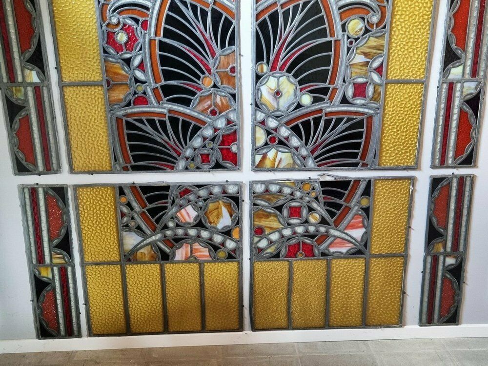 photo for sale Large Art Deco Architectural Stained Glass Window Panels, 1920s, Set Of 12