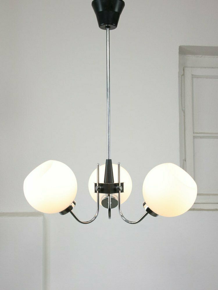 Italian Chrome And Opaline Chandelier, 1970s photo Lighting