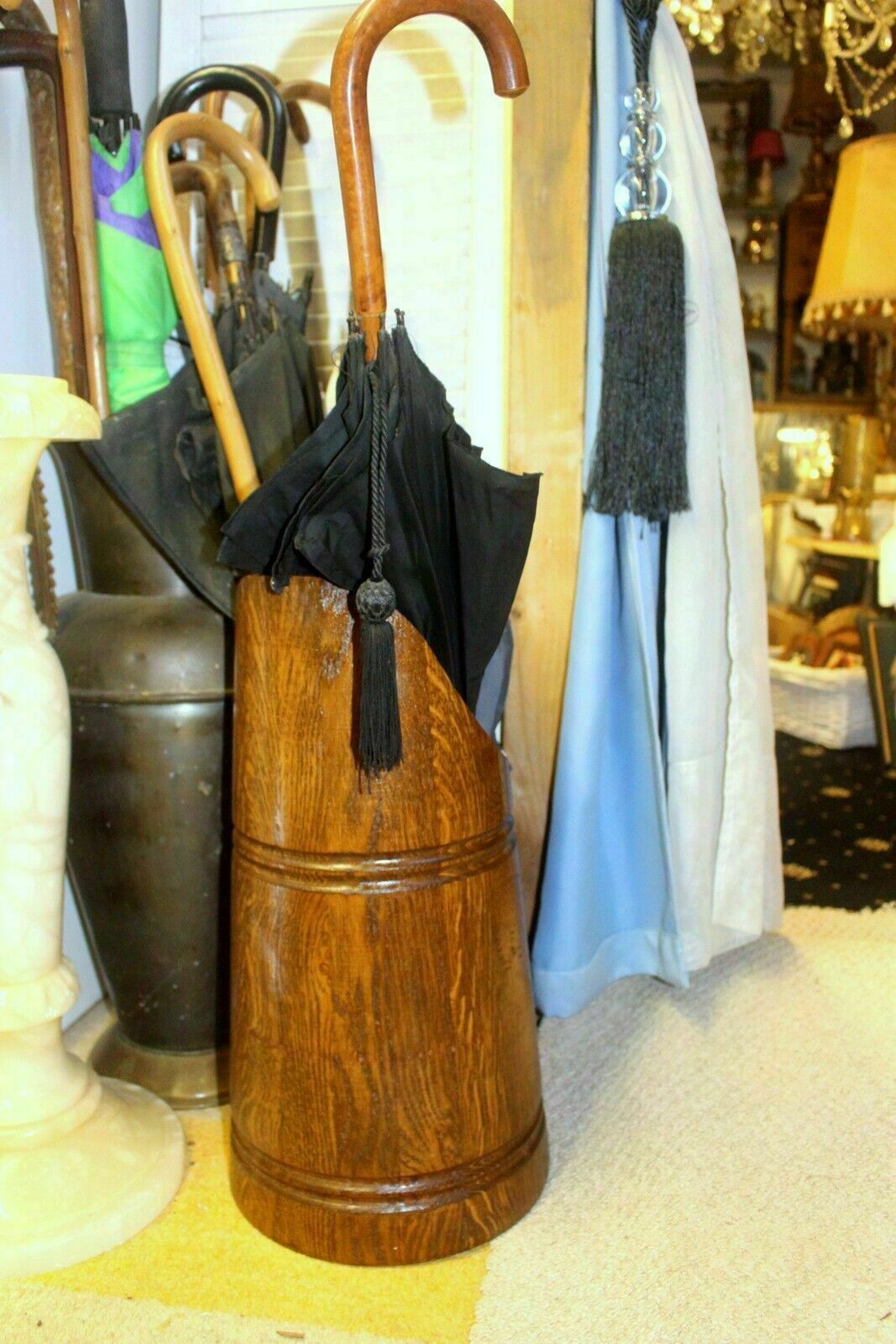 Antique Scandinavian Oak Umbrella Stick Holder Large Wooden Jug C photo buy
