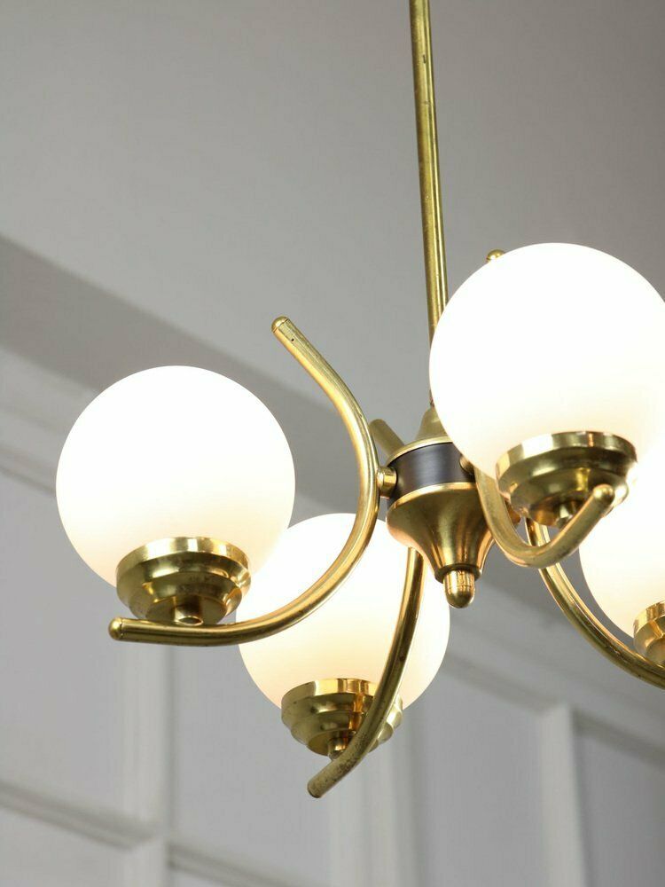 Mid Century Italian Brass And Opaline Chandelier photo Lighting