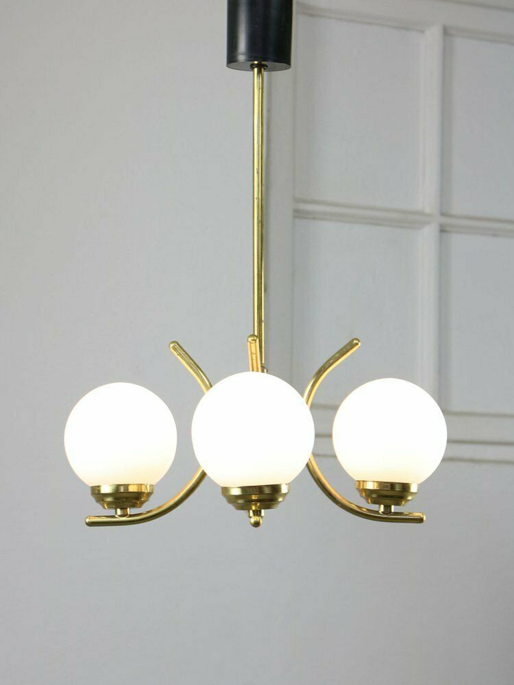 Mid Century Italian Brass And Opaline Chandelier photo vinterior