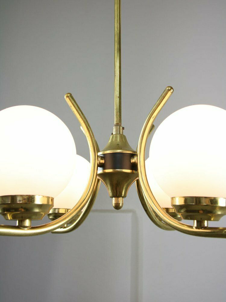 Mid Century Italian Brass And Opaline Chandelier photo vintage