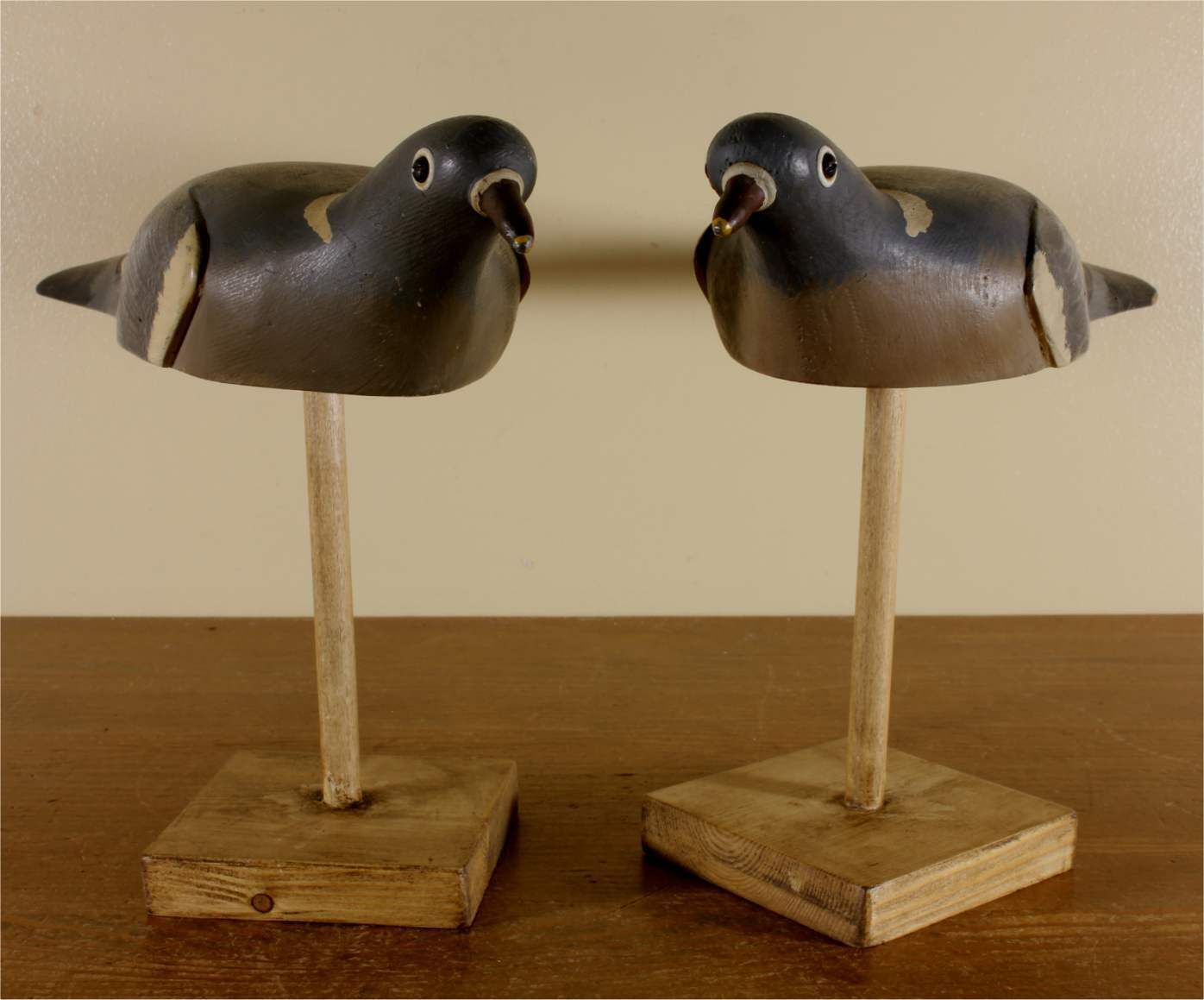 Two Wooden Decoy Pigeons. Ted Grace English Folk Art Birds. 1950's. photo furniture