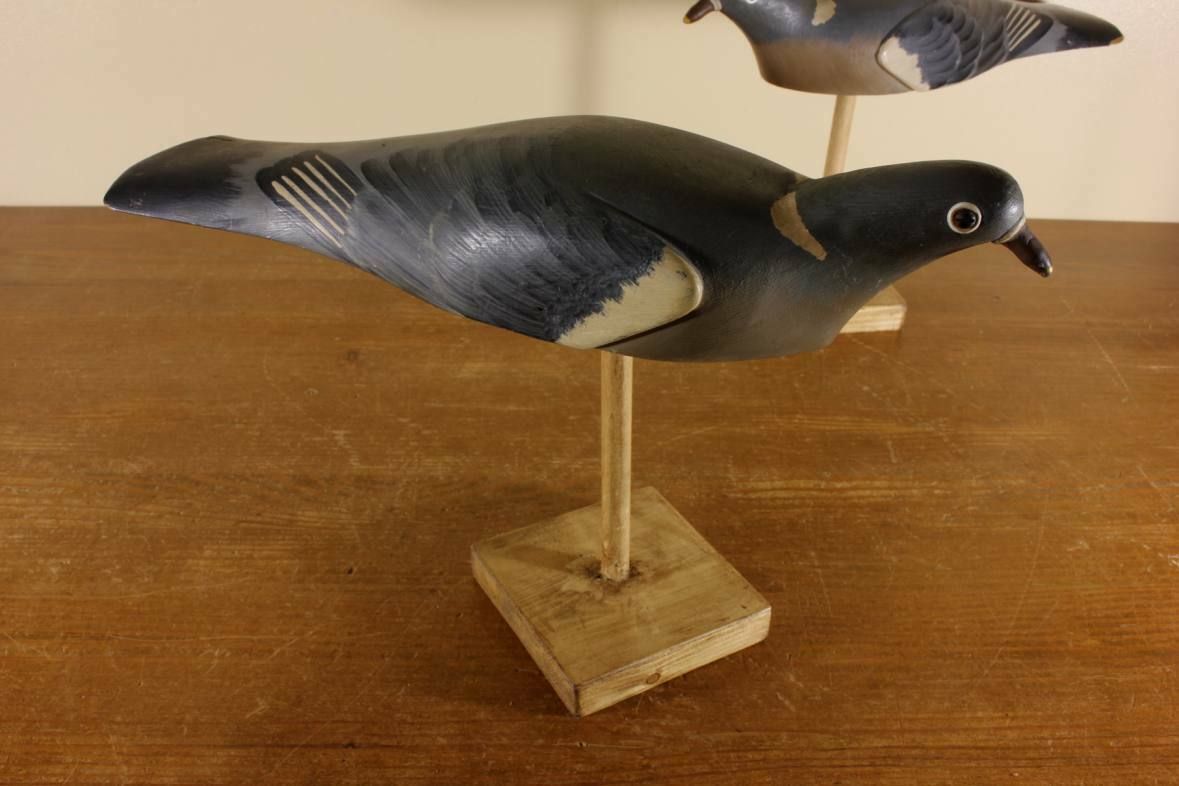 photo for sale Two Wooden Decoy Pigeons. Ted Grace English Folk Art Birds. 1950's.