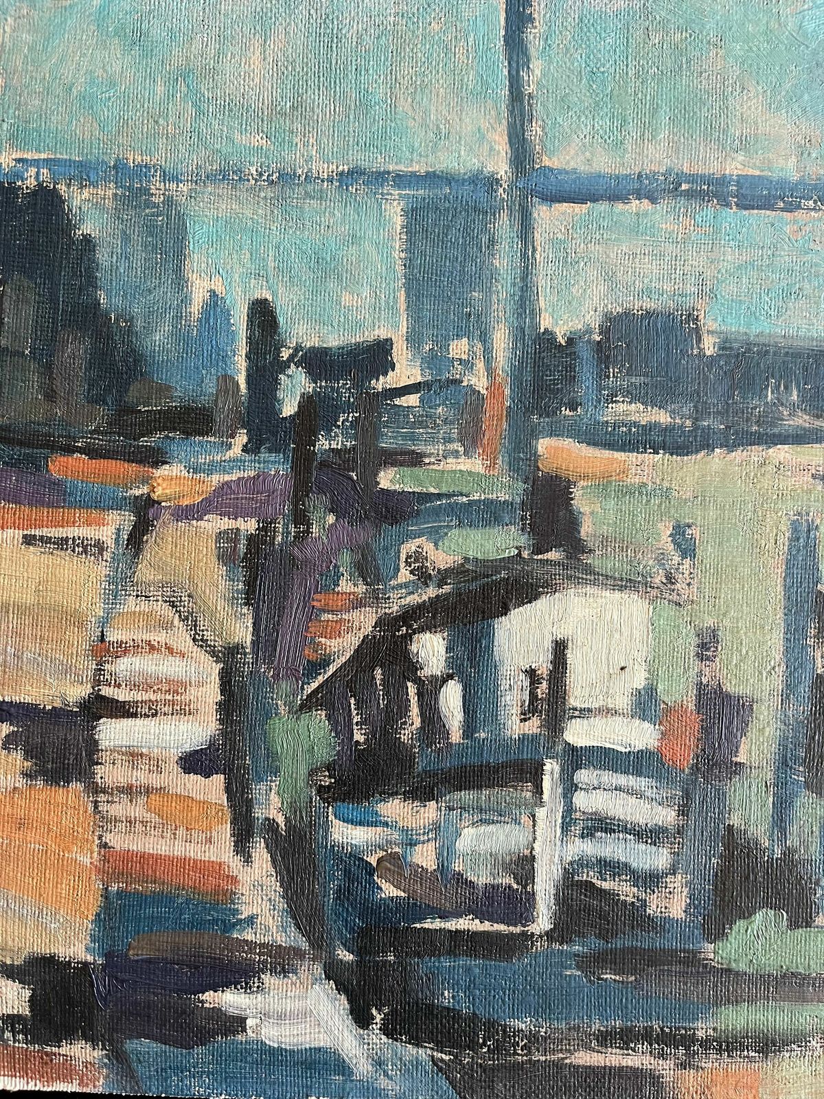 Mid Century Oil Painting Of Harbour Of Water Bay River Side In Blue Tones, Semi Abstract Artwork, Framed In A Tray Frame photo vinterior