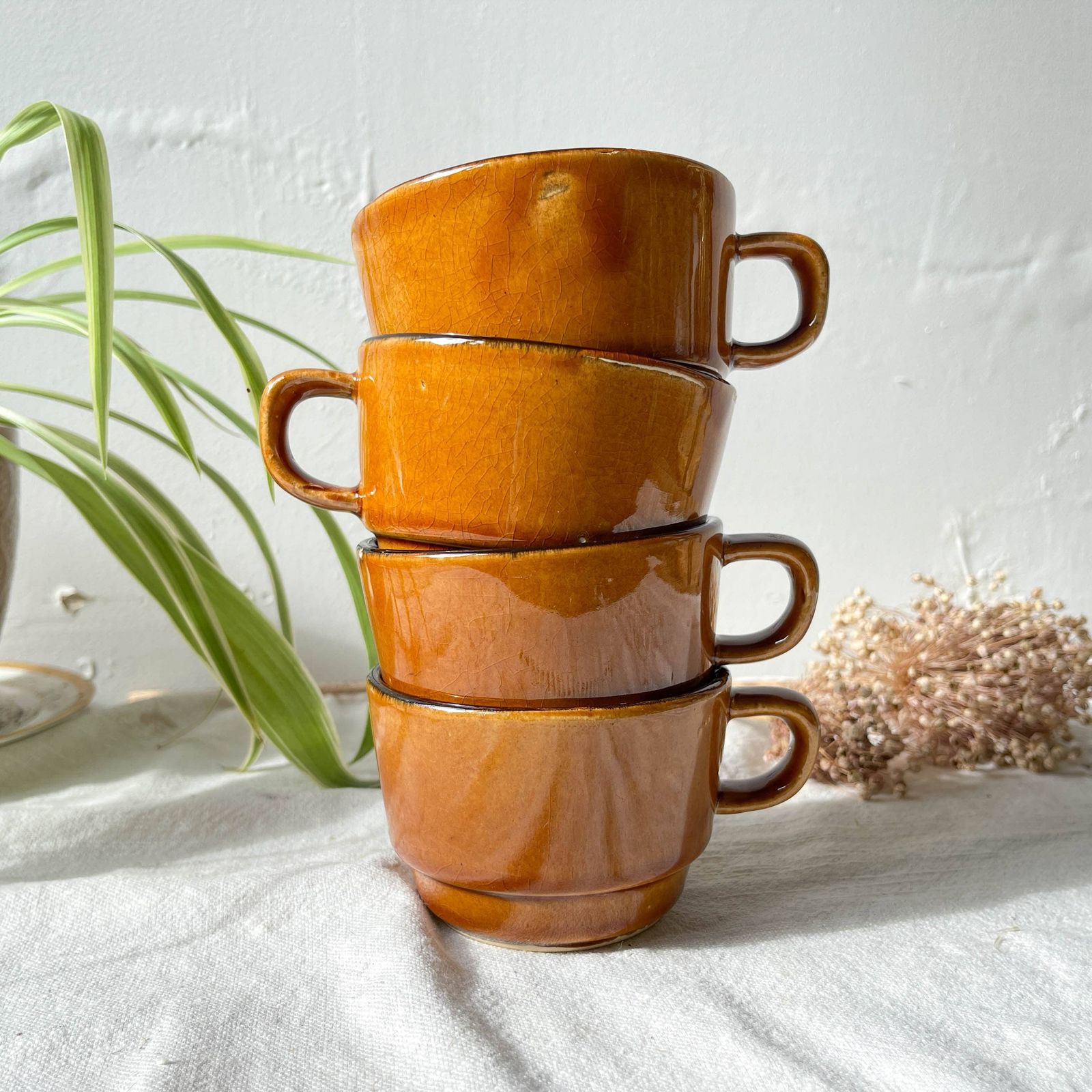 4 Vintage Coffee/Tea Cups In Black Caramel Earthenware   Vintage Coffee Service   Tea Cups   Vintage Mugs   Vintage Coffee Cups photo furniture
