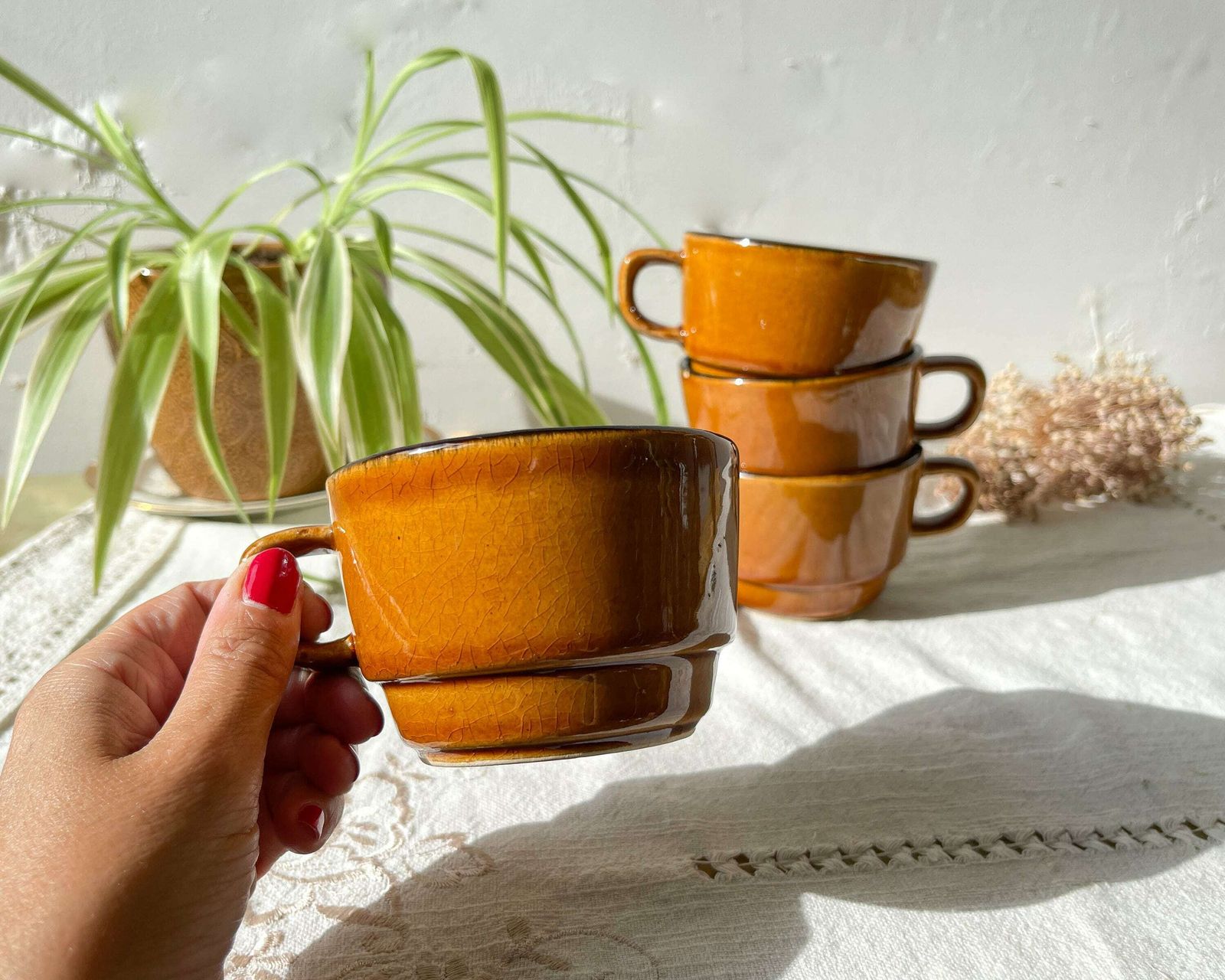 4 Vintage Coffee/Tea Cups In Black Caramel Earthenware   Vintage Coffee Service   Tea Cups   Vintage Mugs   Vintage Coffee Cups photo for sale