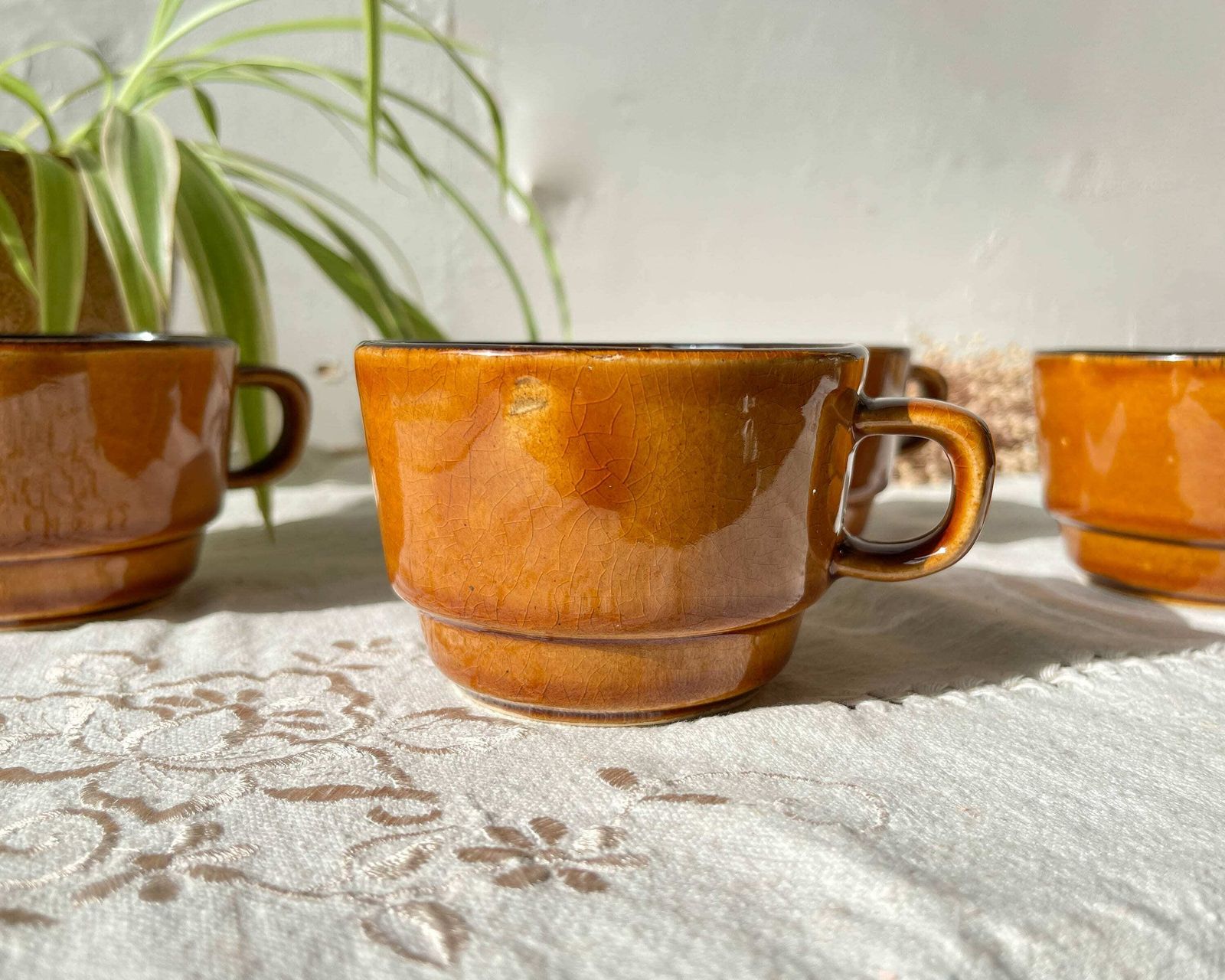 4 Vintage Coffee/Tea Cups In Black Caramel Earthenware   Vintage Coffee Service   Tea Cups   Vintage Mugs   Vintage Coffee Cups photo vinterior