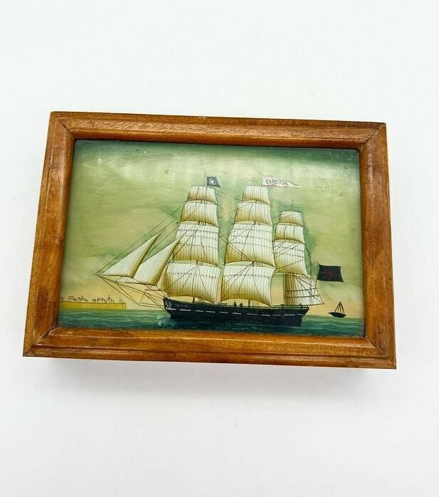 Vintage Small Wooden Box With Clipper Ship On Lid, Jewellery Box,