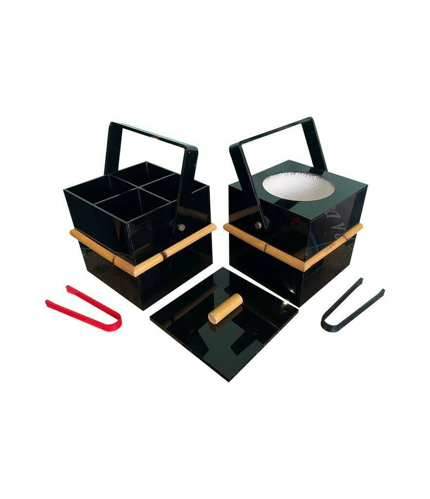 A 1970s Italian Bar Set Comprising An Ice Bucket With Lid And Bottle Holder In Black Perspex With Bamboo Detail photo Home Decor