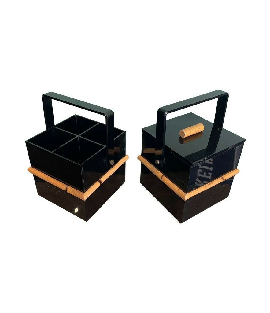 A 1970s Italian Bar Set Comprising An Ice Bucket With Lid And Bottle Holder In Black Perspex With Bamboo Detail photo 850.0
