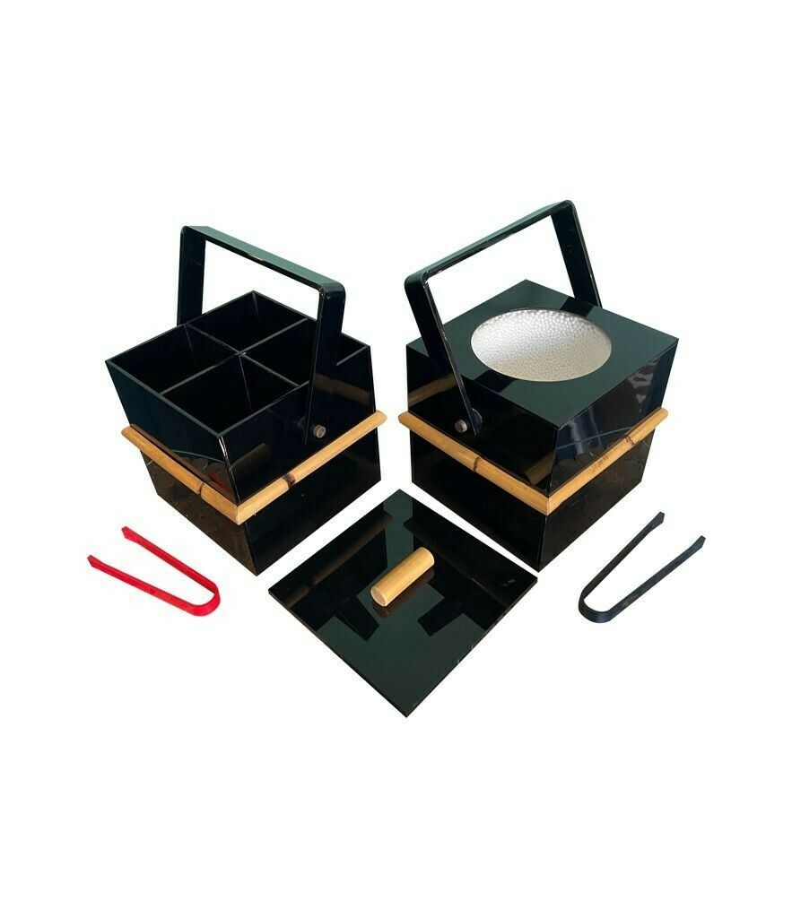Home Decor A 1970s Italian Bar Set Comprising An Ice Bucket With Lid And Bottle Holder In Black Perspex With Bamboo Detail photo