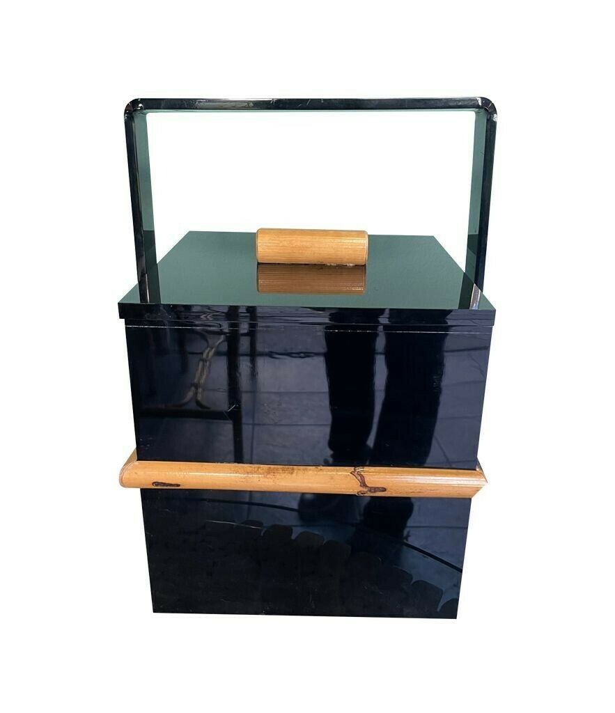 850.0 A 1970s Italian Bar Set Comprising An Ice Bucket With Lid And Bottle Holder In Black Perspex With Bamboo Detail photo