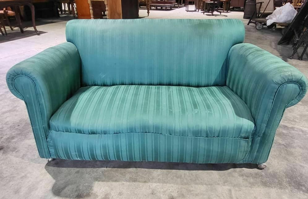 Antique Victorian Small Drop Side Sofa Green Fabric Castors Day Bed