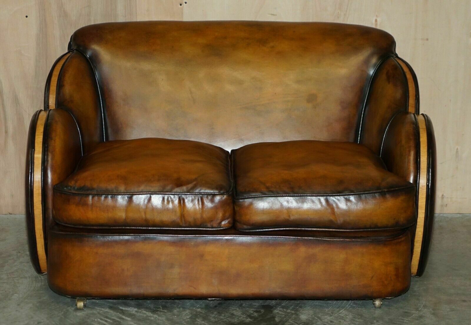 1 Of 2 Of Restored Art Deco Harry & Lou Epstein Hand Dyed Brown Leather Sofas photo for sale