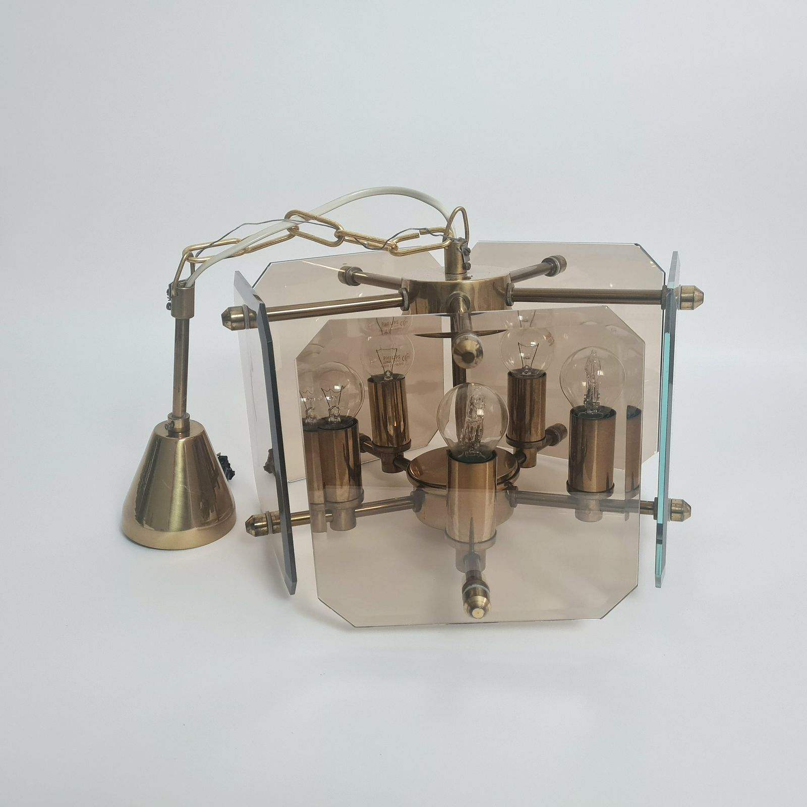 Vintage Mid Century Modern Ceiling Smoky Glass And Brass Chandelier 80s