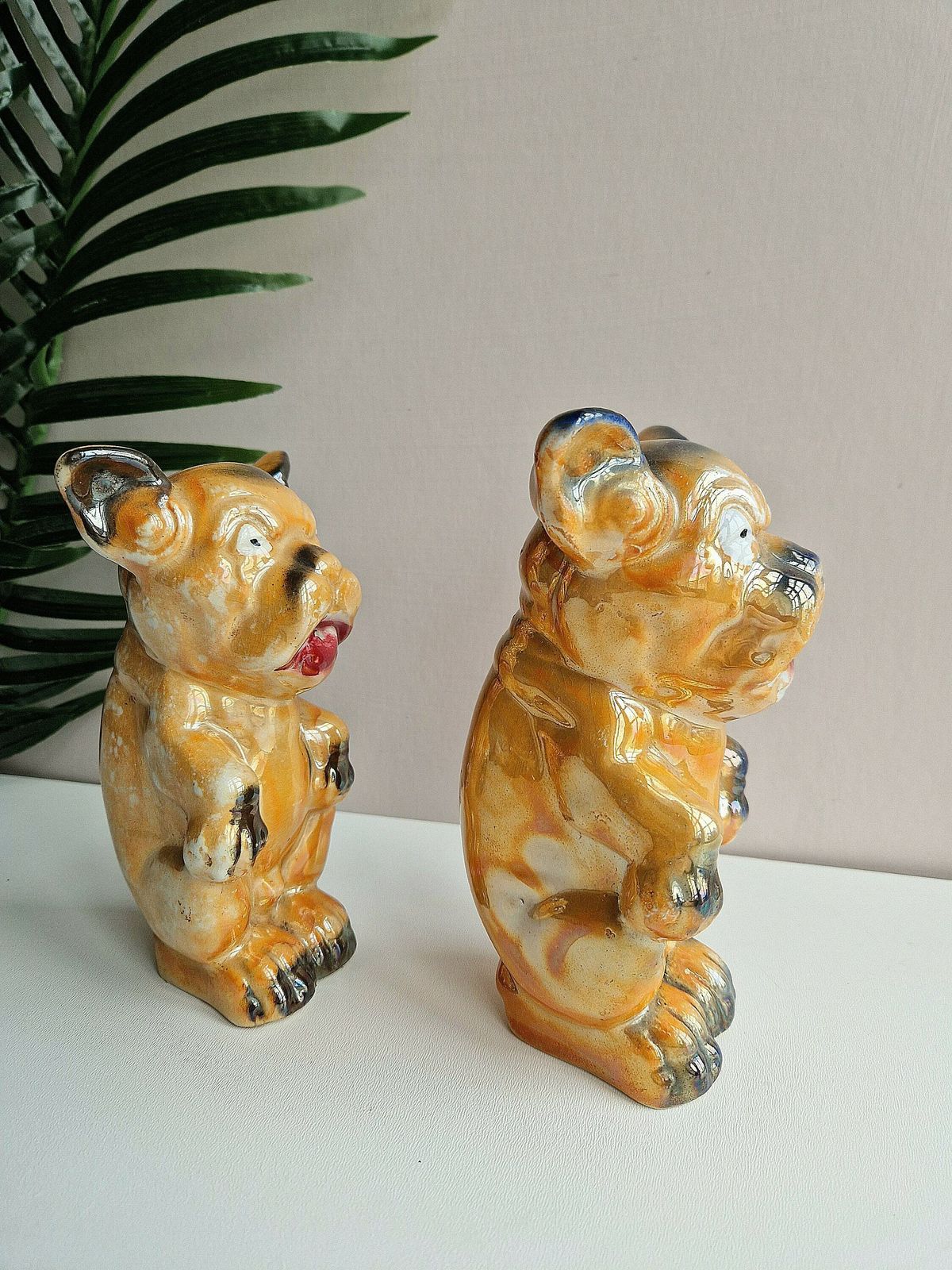 Pair Of Antique 1930's Lustreware Ceramic Conzo Dog Figurines Sculptures Art Deco photo furniture