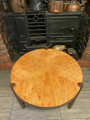 photo for sale 1950's Round Three Legged Drum Table In The Style Of Wormley For Dunbar
