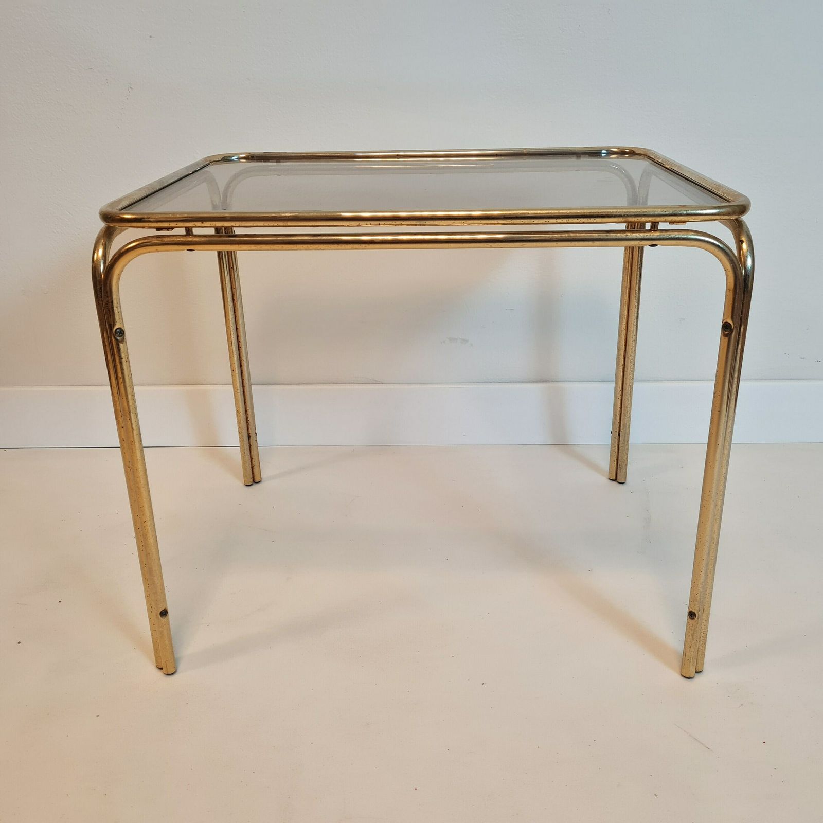 Vintage Mid Century Modern Brass And Smoky Glass Table photo vinterior