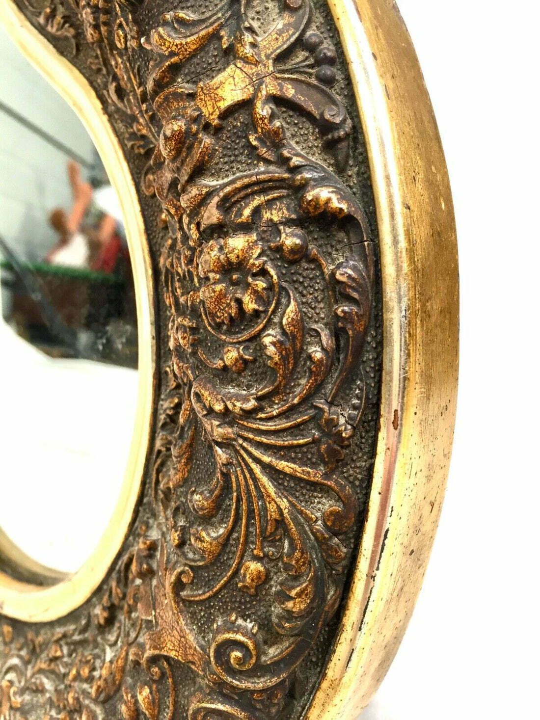 Antique Clover Shaped Wall Mirror / Gilded & Black / Floral Decoration C.1900 photo vinterior