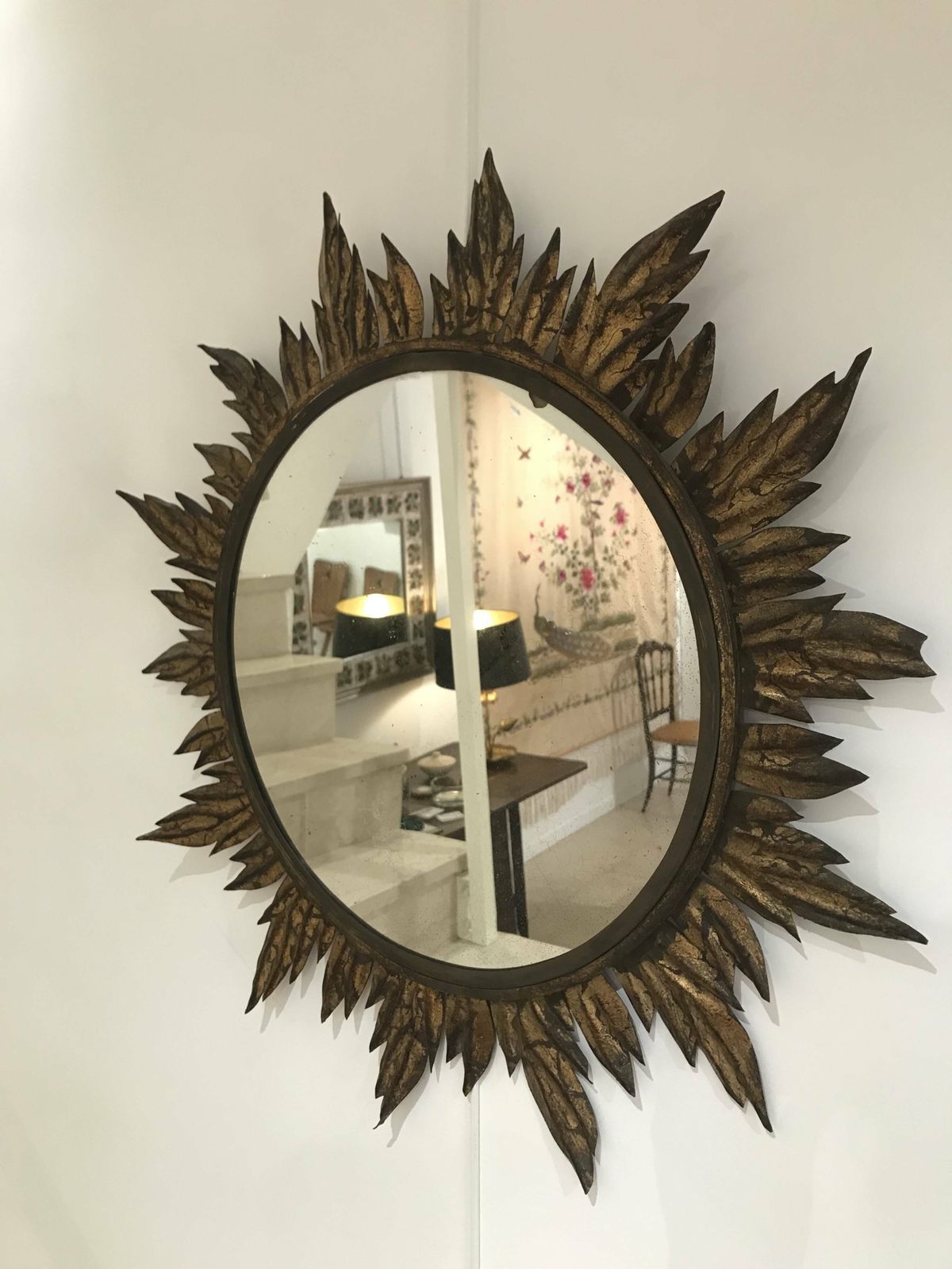 Sun Mirror Decorated With Golden Leaves, Circa 1950. photo furniture