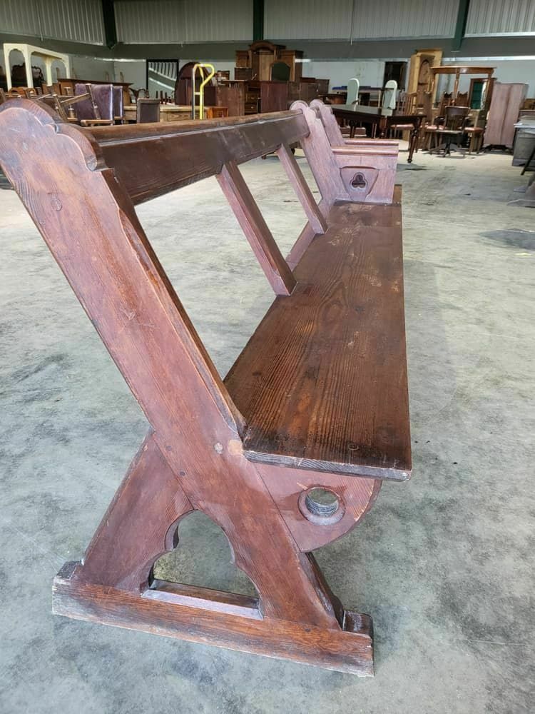 Antique Large Pitch Pine Bench Carved Slope Back 302 Cm W Seat Conservatory Hall photo furniture