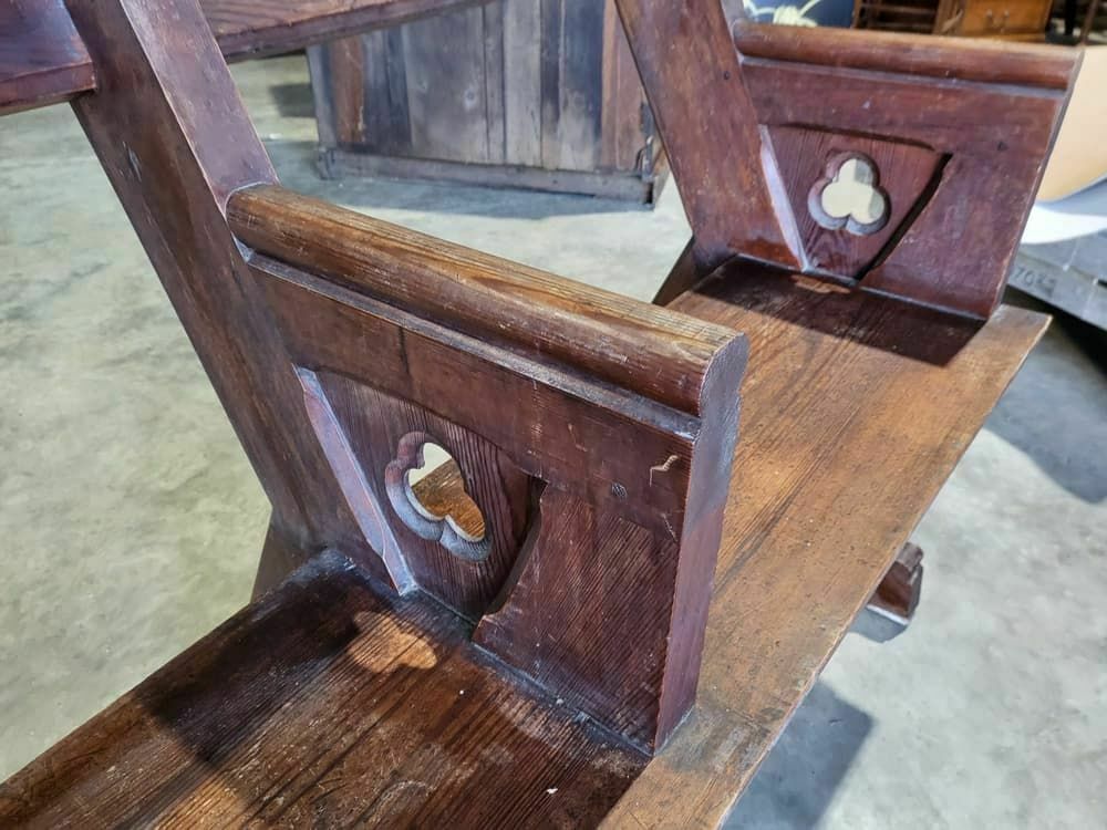 Antique Large Pitch Pine Bench Carved Slope Back 302 Cm W Seat Conservatory Hall photo 435.0