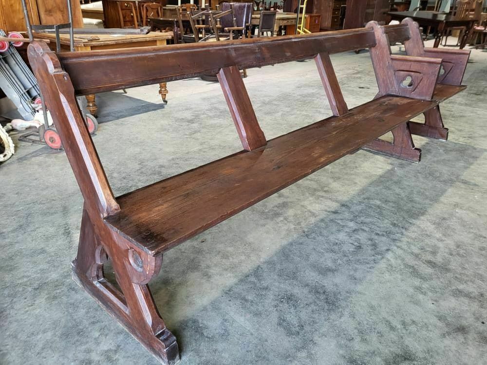 Antique Large Pitch Pine Bench Carved Slope Back 302 Cm W Seat Conservatory Hall photo vintage