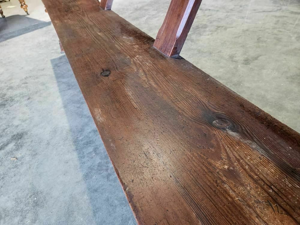 photo for sale Antique Large Pitch Pine Bench Carved Slope Back 302 Cm W Seat Conservatory Hall