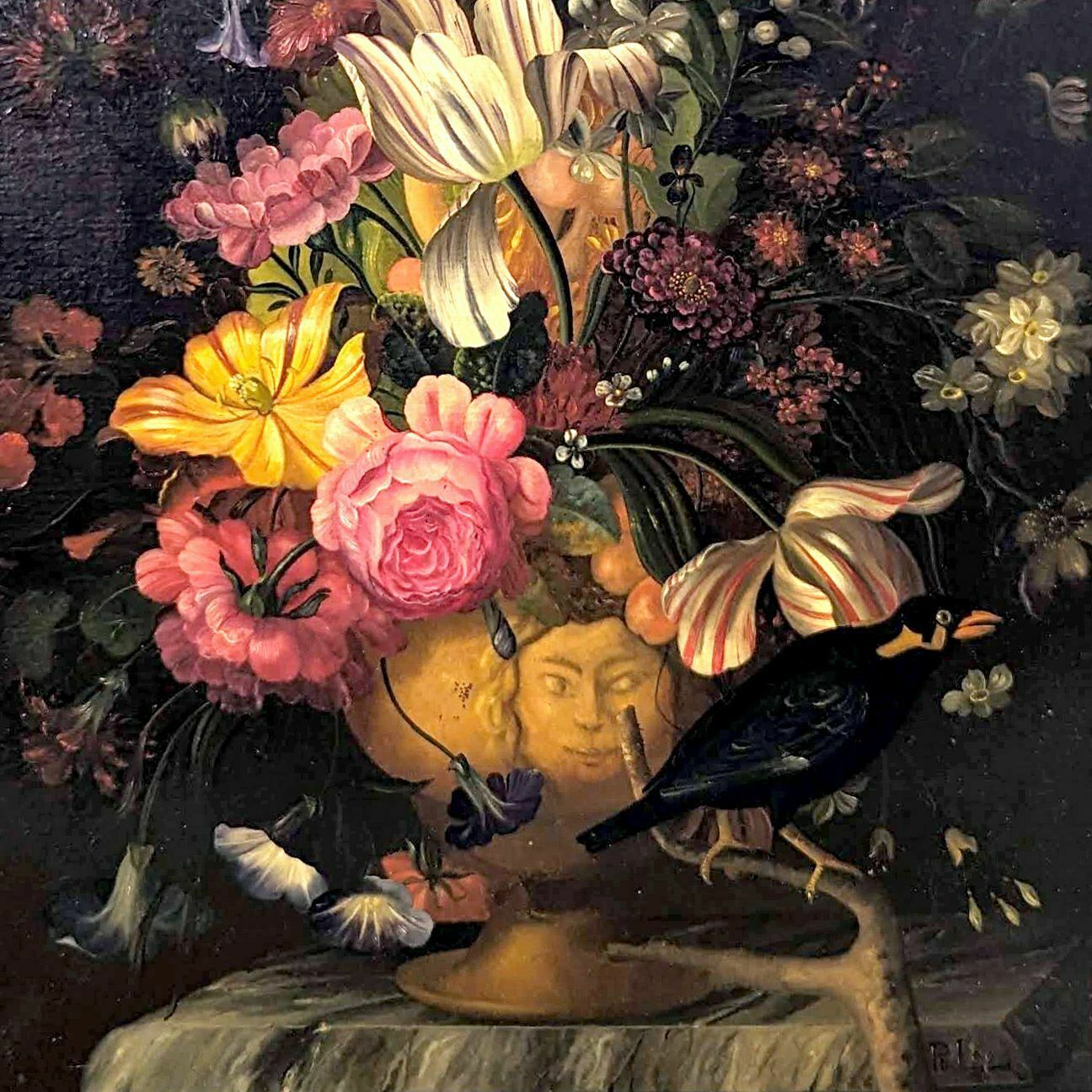 Art Still Life With Tulips And Crow French School Philippe Lazare 20th Century photo