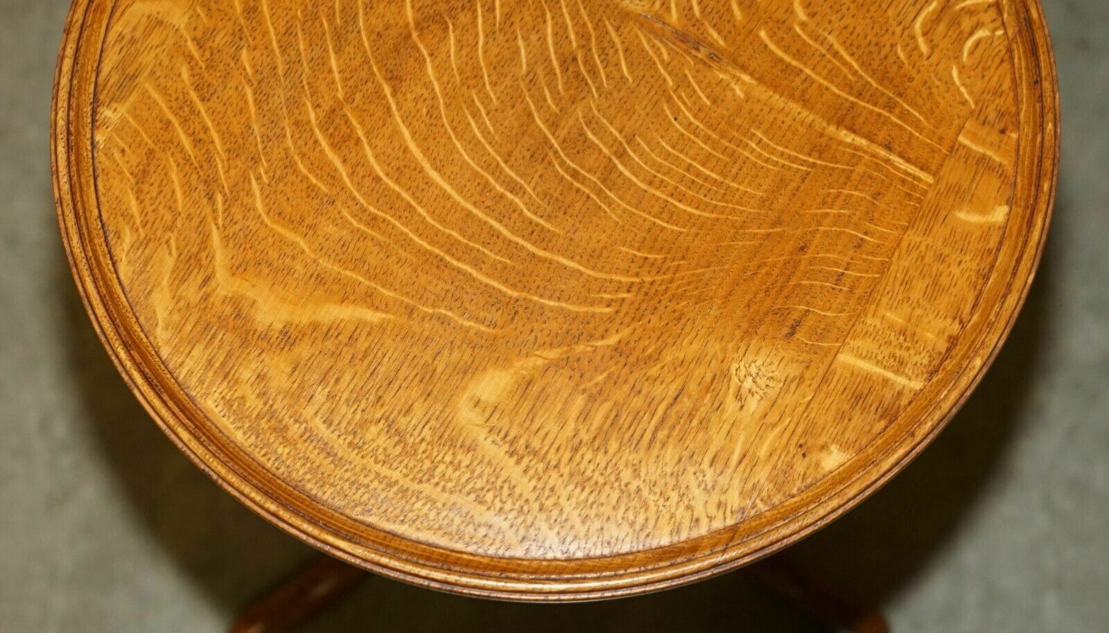 photo for sale Exquisite Cira 1840 Antique Tiger Oak Cut Side End Lamp Tilt Top Tripod Table