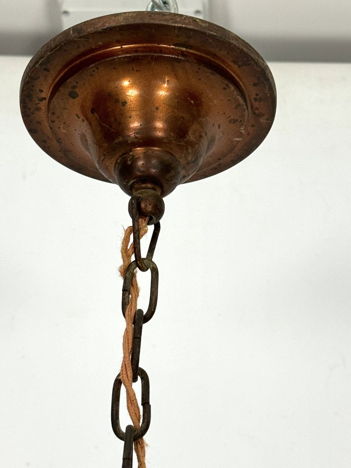 Industrial Chandelier In Copper And Milk Glass. Italy 1950s photo Lighting