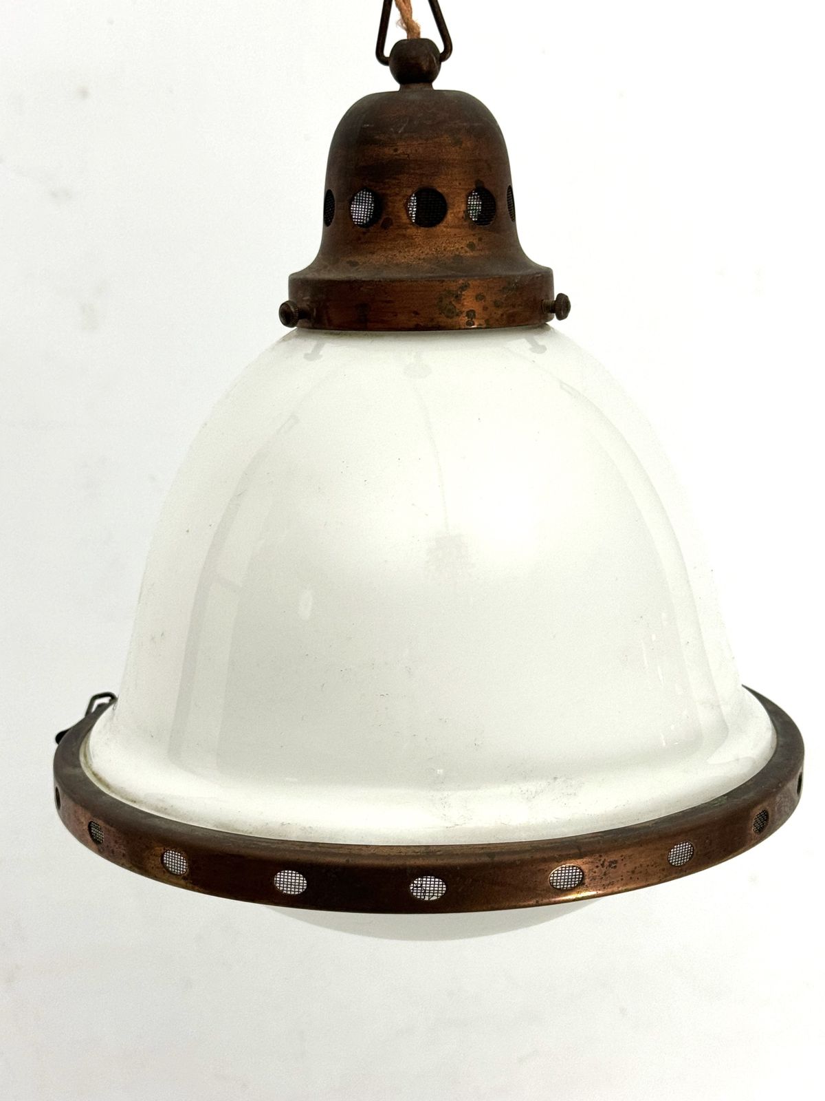 Industrial Chandelier In Copper And Milk Glass. Italy 1950s photo vintage