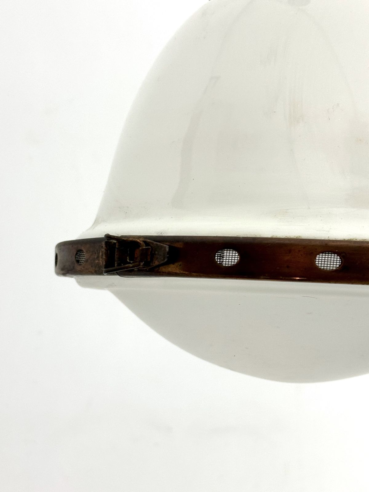photo furniture Industrial Chandelier In Copper And Milk Glass. Italy 1950s