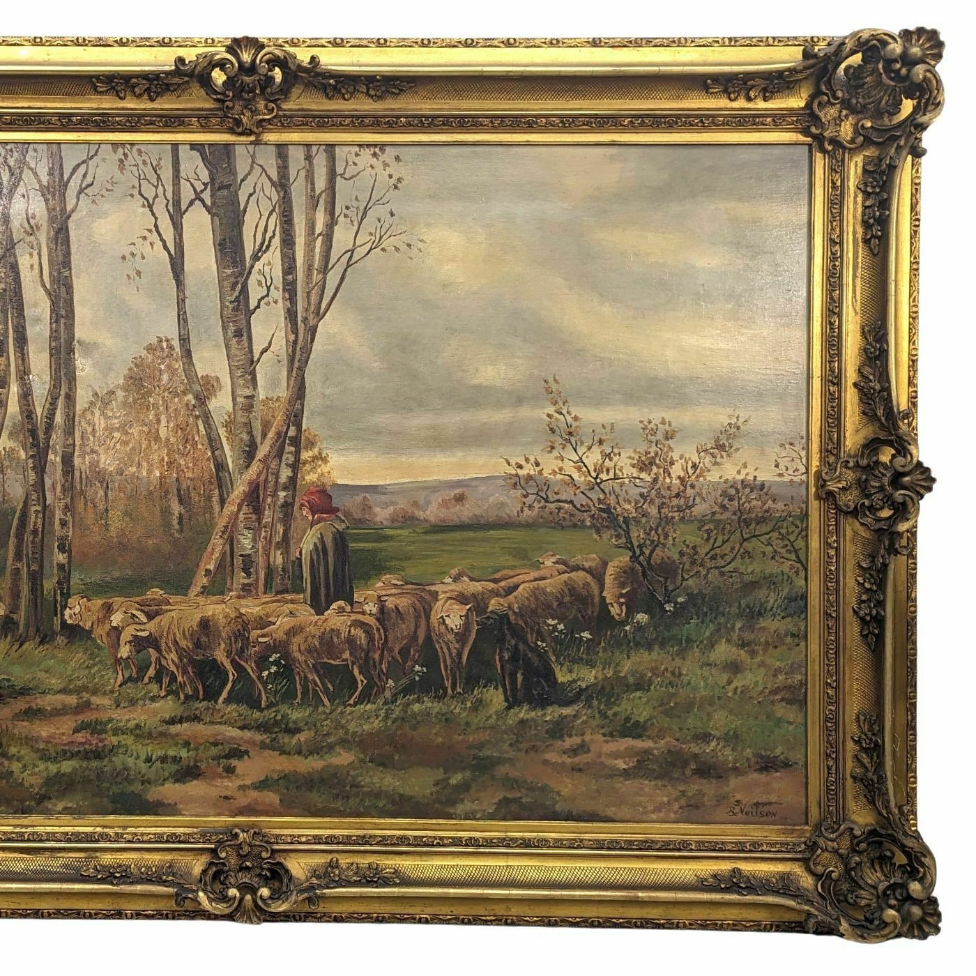Large 19th Century Pastoral Scene Painting In A Large Winged Frame photo for sale