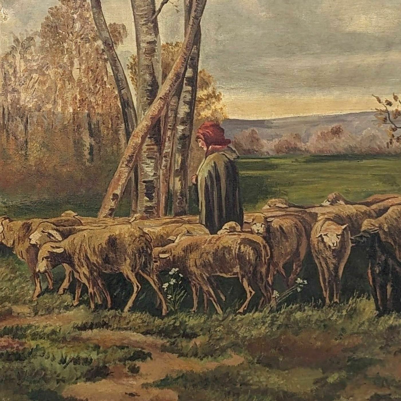 Large 19th Century Pastoral Scene Painting In A Large Winged Frame photo vinterior