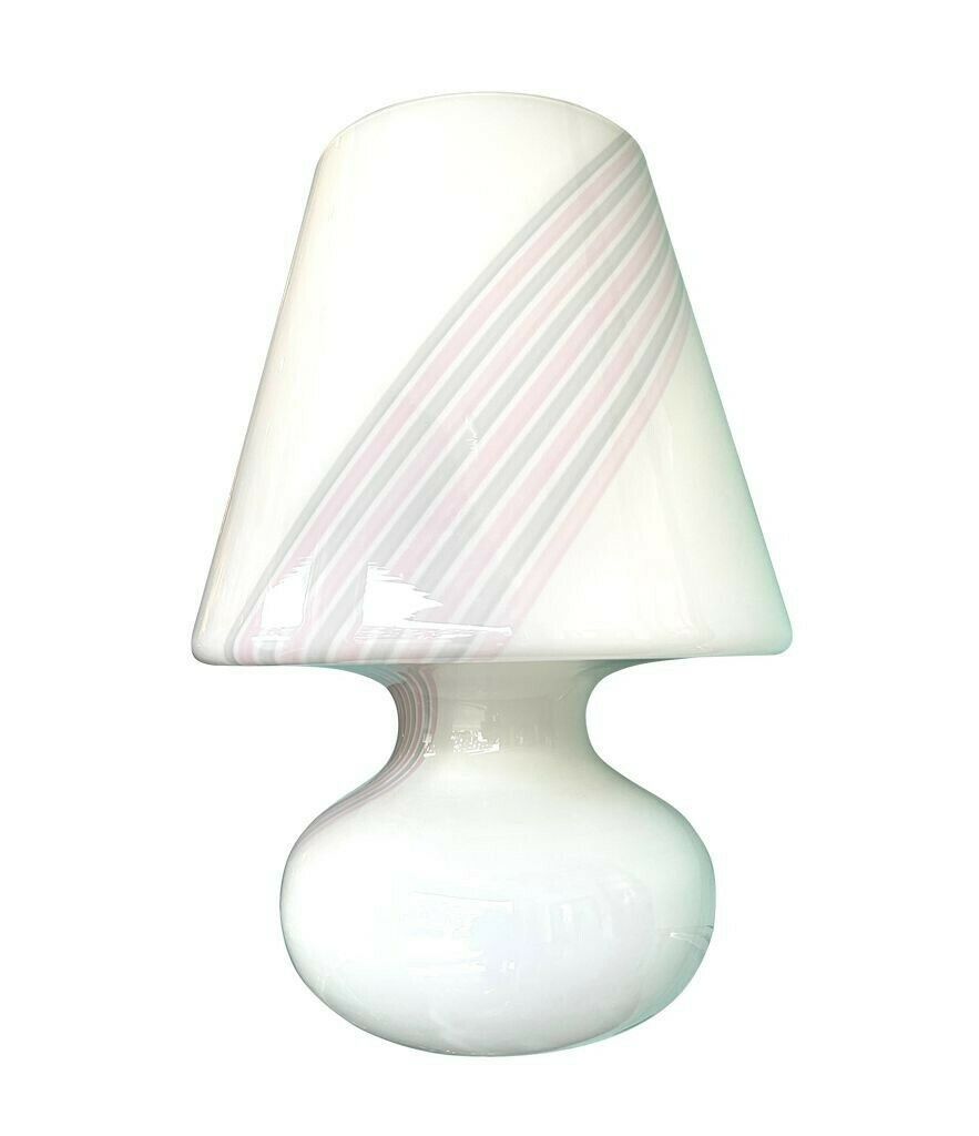 A Large 1980s Handmade Murano Glass White Mushroom Lamp With Pink And Grey Striped Detail