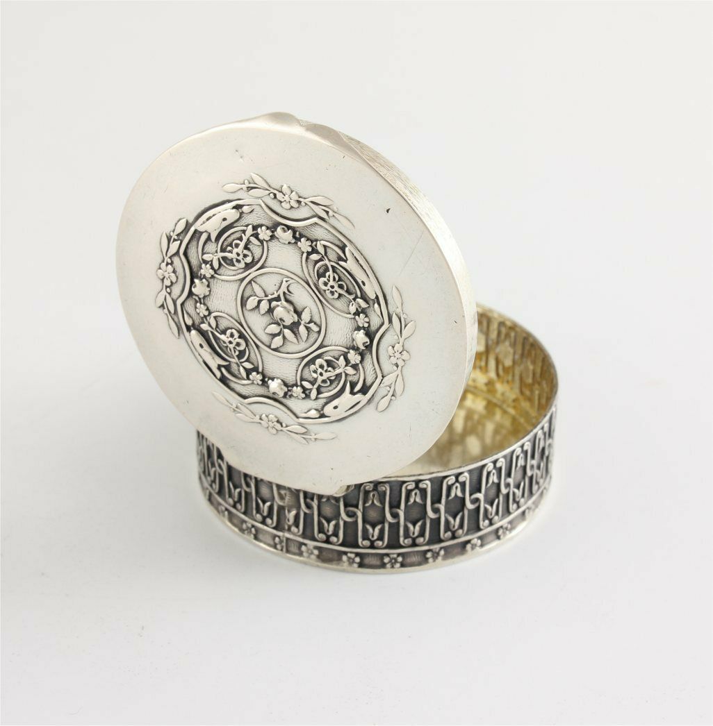 photo furniture Antique French Silver Rouge Pot. Small Pill Box. Aristide Leclerk. C1900.