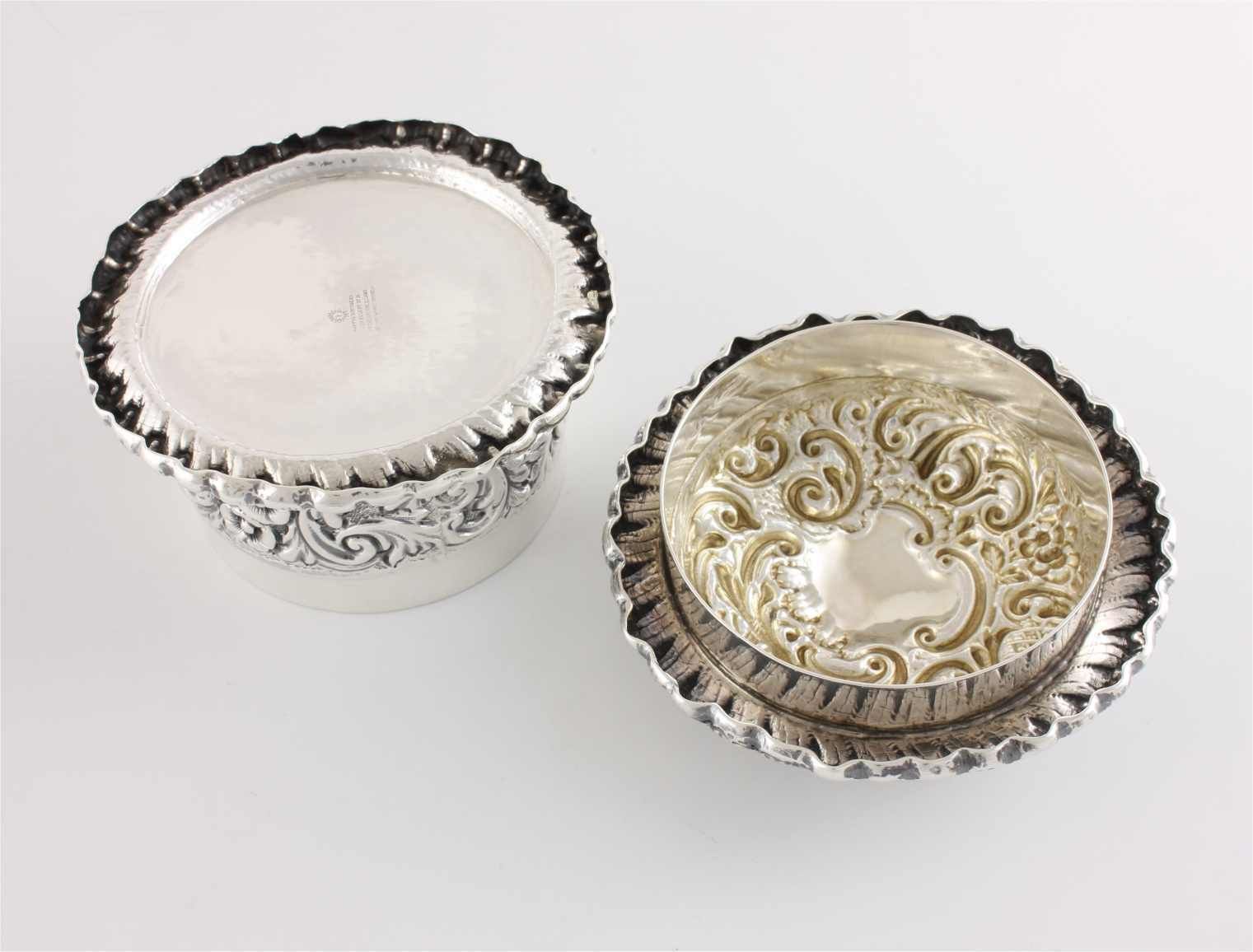 photo for sale Silver Jewellery Box. Repousse Lidded Trinket Pot. Mappin Brothers. 1895.